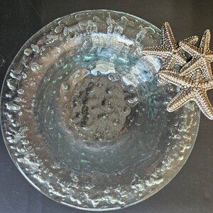 Glass Clear Textured Bubble Glass Small Bowl With Cluster of Silvertone Starfish